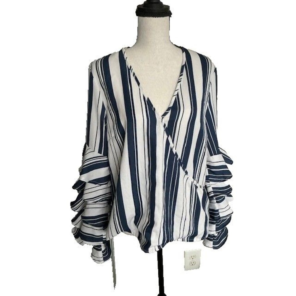 Charlotte Russe Blue and White Stripe Ruffle Long Sleeve Bouuse Sz M V Neck NWT